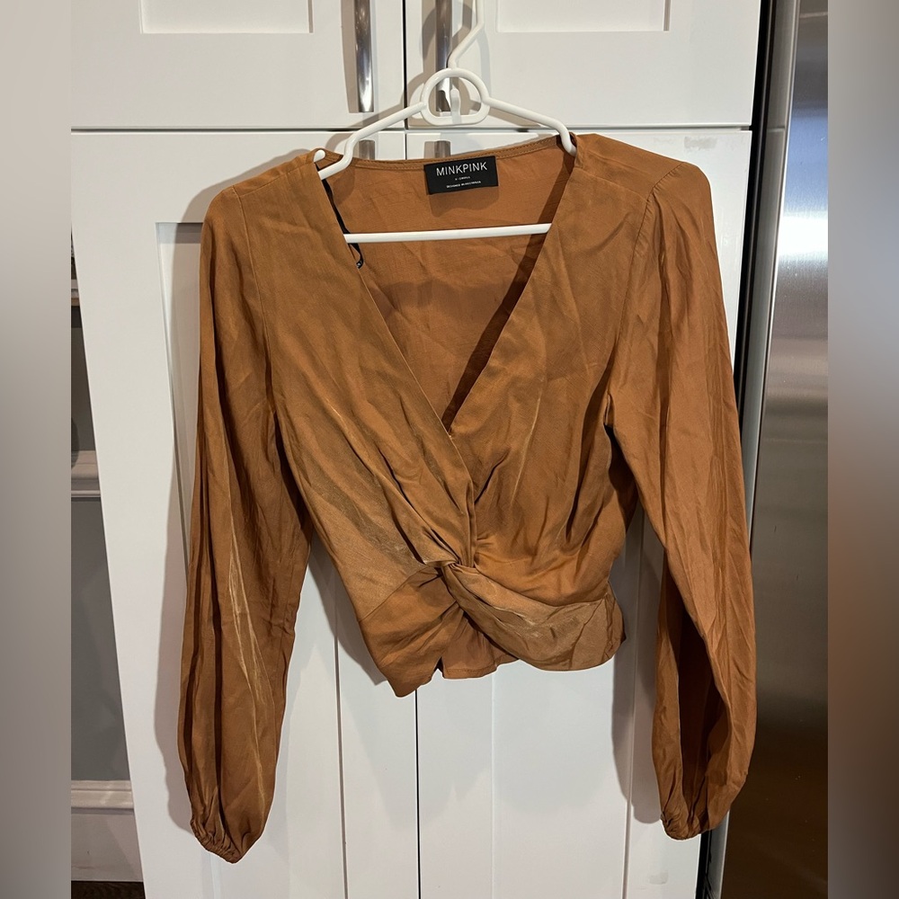 Minkpink brown cropped silky blouse xs